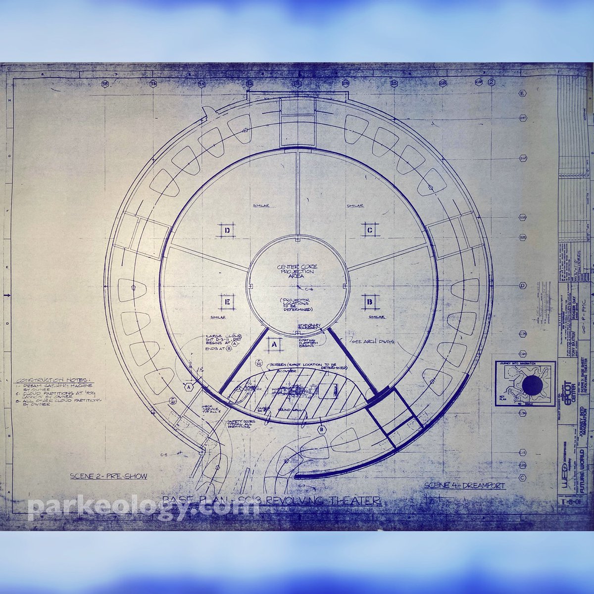 Parkeology's tweet photo. The original Journey Into Imagination was amazing, innovative and unique. Like most of EPCOT Center it was lost far too soon. We have a set of original blueprints, this is the rotating theater segment where we first meet Dreamfinder &amp; Figment. So cool! https://t.co/JlRAlxqJsI
