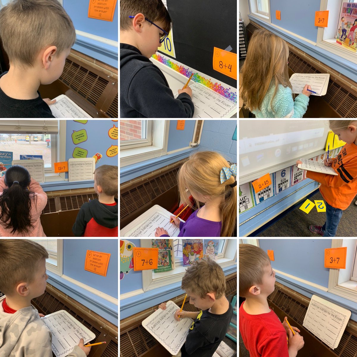 First grade mathematicians “writing the room” in math today!  So amazed by the different strategies they are using!  #hpcstorm #mathisfun