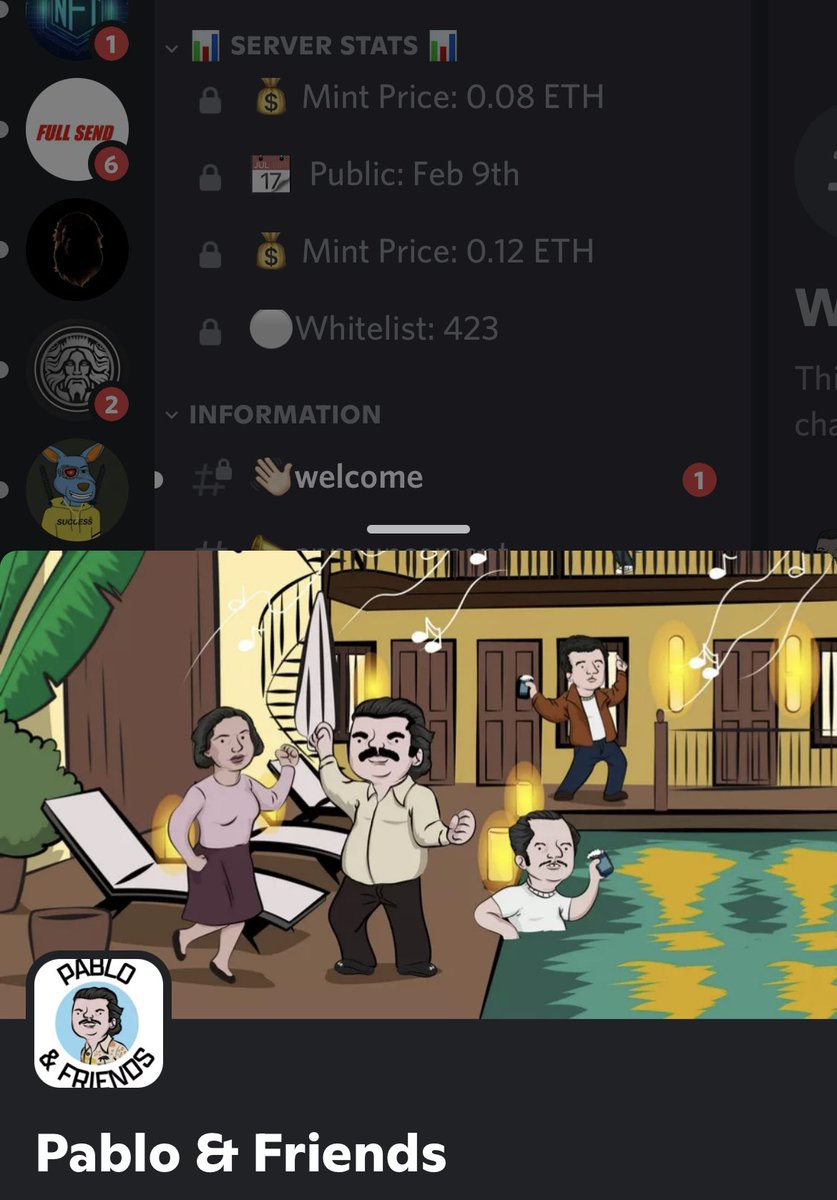 <a href="/PablosFriends/">Pablo & Friends</a> This project looking hella nice and still change to get whitelisted public mint 0.12. artwork crazy and utility amazing! Join!