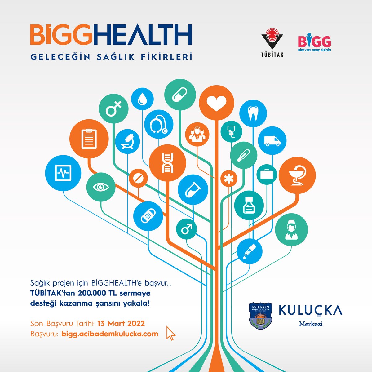 acukulucka's tweet photo. Acıbadem Üniversitesi Kuluçka Merkezi TÜBİTAK BİGG Uygulayıcı Kuruluşu olarak yürütücülüğü gerçekleştirilen BİGGHEALTH Programının 2022 yılı 1. Dönemi Başvuruları için son gün 13 Mart 2022💥
Başvuru ve Detaylı Bilgi İçin: https://t.co/RNxCE4X1dW https://t.co/pVR5c9lSEx
