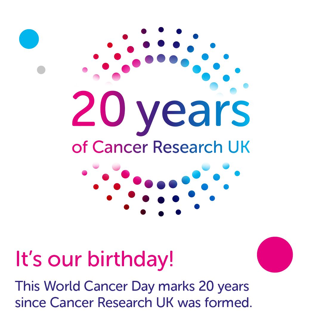 Cancer Research UK Health Professionals (@crukhcps) on Twitter photo It's #WorldCancerDay and today we're celebrating 20 years since <a href="/CR_UK/">Cancer Research UK</a> was formed! 🎉 Visit our website to get the latest updates on our milestone anniversary and celebrate with us throughout 2022: news.cancerresearchuk.org/topic/20th-ann… It's #WorldCancerDay and today we're celebrating 20 years since <a href="/CR_UK/">Cancer Research UK</a> was formed! 🎉 Visit our website to get the latest updates on our milestone anniversary and celebrate with us throughout 2022: news.cancerresearchuk.org/topic/20th-ann…