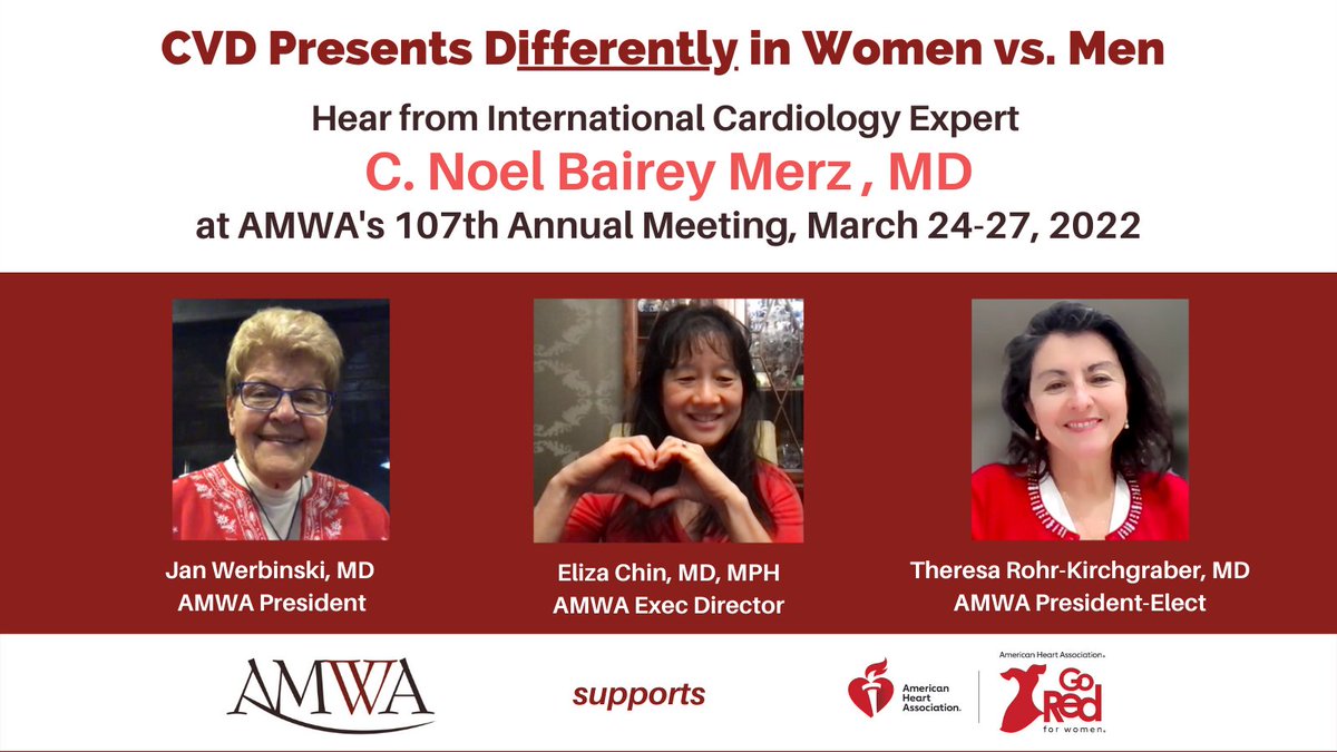 #WomenPhysicians - During #HeartMonth remember to care for yourself as well as your patients! Learn the latest on #WomenAndCVD from Dr C. Noel Bairey Merz at #AMWA2022 March 24-27 Register: bit.ly/amwa107