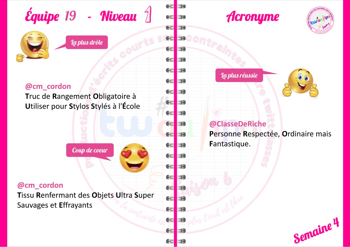 #Twoulipo #EQ19 Véritable Outil de Tri Eclairé, voici vos acronymes préférés. Bravo à tous les participants et double bravo aux <a href="/cm_cordon/">CMCordon</a> ! <a href="/CLlesIslettes/">Cm1-Cm2 Les Islettes</a> <a href="/EcoleMoustiers/">Les CP/CM1/CM2 de Moustiers</a> <a href="/CMBP11/">CM BP</a> <a href="/cm1cm2cham66/">CM@natoleFrance66</a> <a href="/ClasseDeRiche/">Classe de Riche</a> @CM1_Brel