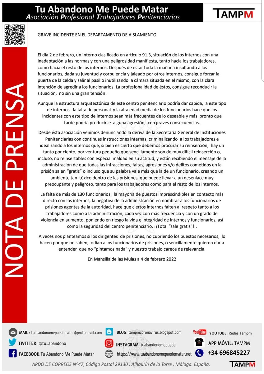 LA SEGURIDAD EN EL DPTO DE AISLAMIENTO DEL C. P. DE MANSILLA EN PELIGRO. Las politicas permisivas de <a href="/IIPPGob/">Instituciones Penitenciarias</a> se traducen en q los internos pierdan el respeto y falten a la disciplina propios d esta institución, provocando gravísimos incidentes como este #sosprisiones #TAMPM