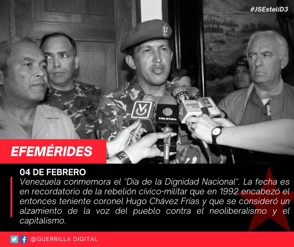 GuerrillaDigi11's tweet photo. #Efemerides | El pueblo de #Venezuela 🇻🇪 conmemora 30 años de la rebelión cívico-militar que, encabezada por el líder de la Revolución Bolivariana, Hugo Chávez, marcó el inicio de una gesta revolucionaria contra el sistema neoliberal y explotador del pueblo. ✊#JSEsteliD3 https://t.co/IQ8NPcAIJn