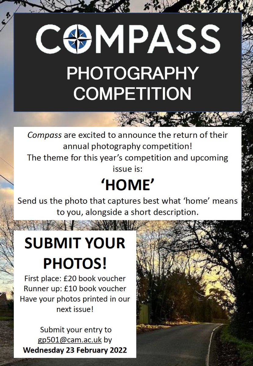 ✨COMPETITION TIME✨
To kick off the new term, Compass are running our annual photography competition in line with our theme for Lent term 'Home'
Submit your photos to gp501@cam.ac.uk by February 23 to be in for a chance to win AND get your photo in our next issue!
Good luck!🌏