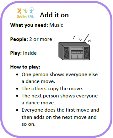 BexSchGames's tweet photo. Achieve your 60 Active Minutes a day over the weekend and have some fun as a family with @GetSet4PE 'Add it On' Dance activity💃🕺💃 Great fun for all the family #BeActiveTogether https://t.co/bwzgSWr1oN