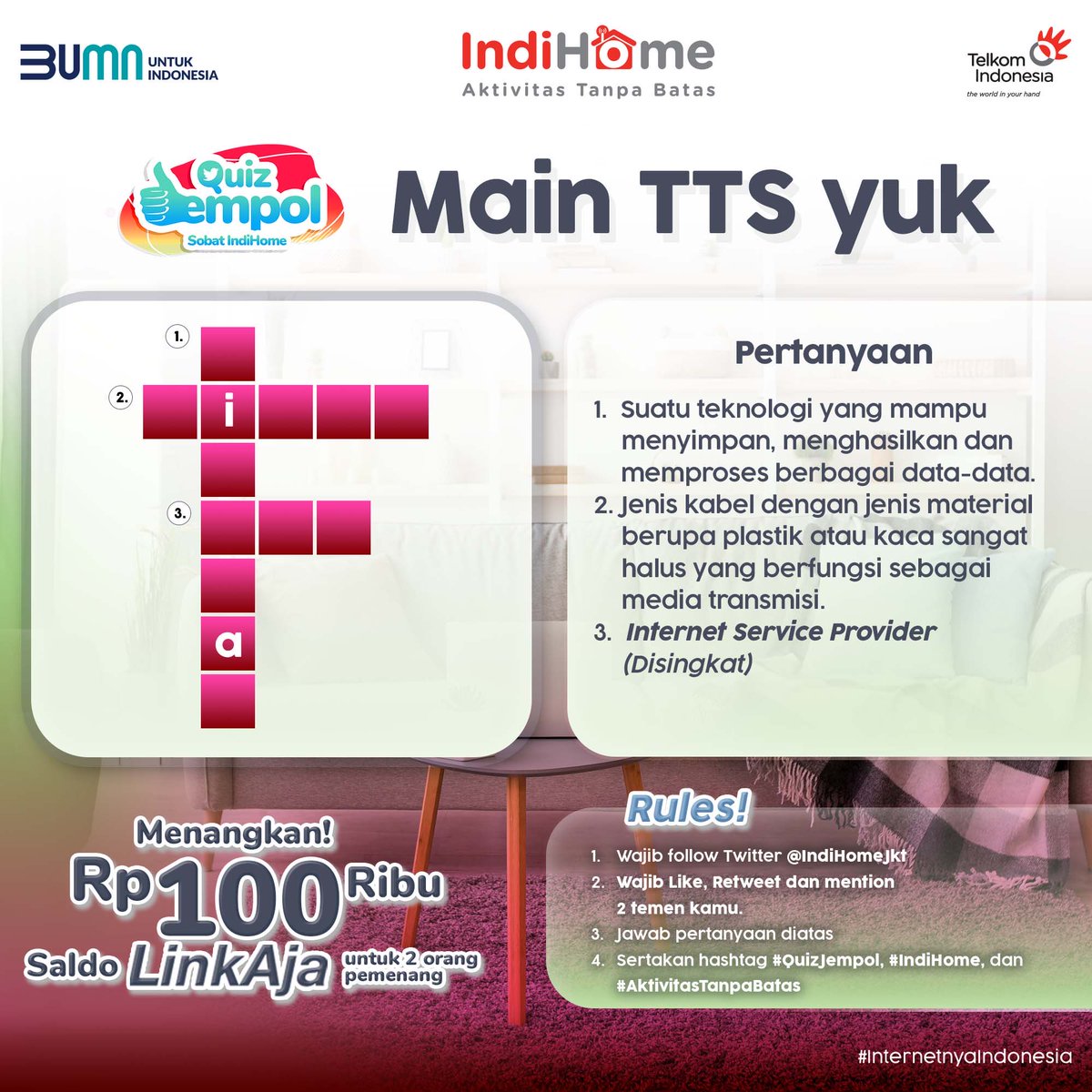 indihomejkt's tweet photo. Setiap Jumat, waktunya #QuizJempol!

Main Teka Teki Silang youk! Jawab 3 pertanyaan berikut ya!

2 orang yang berhasil menjawab dengan tepat, akan mendapatkan saldo LinkAja masing-masing 50rb💰

Jangan lupa retweet ya...  Good Luck~

#giveaway
#IndiHome
#AktivitasTanpaBatas https://t.co/uJ3BQINne1