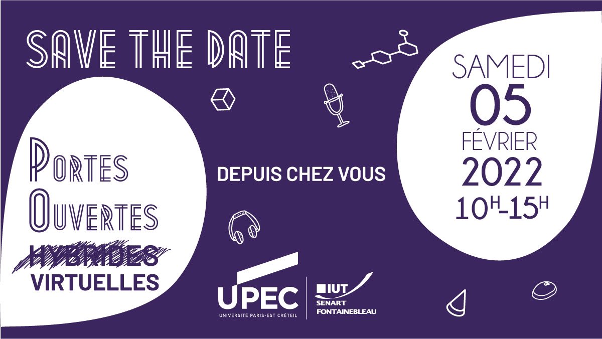 [📢SAVE THE DATE📢]
Ce samedi 05 Février 2022 de 10h à 15h, visitez virtuellement l’IUT Sénart-Fontainebleau pendant nos portes ouvertes virtuelles ! Vous pourrez échanger en direct avec nos équipes pédagogiques sur un outil 360° !