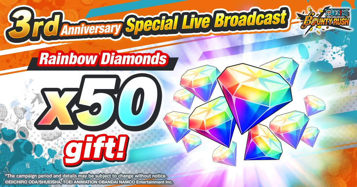 ONE PIECE Bounty Rush - Added Rewards Thank you all so much for all the  Likes! We've reached 7,220 Likes now, earning all players x50 Rainbow  Diamonds! As an added reward, reaching