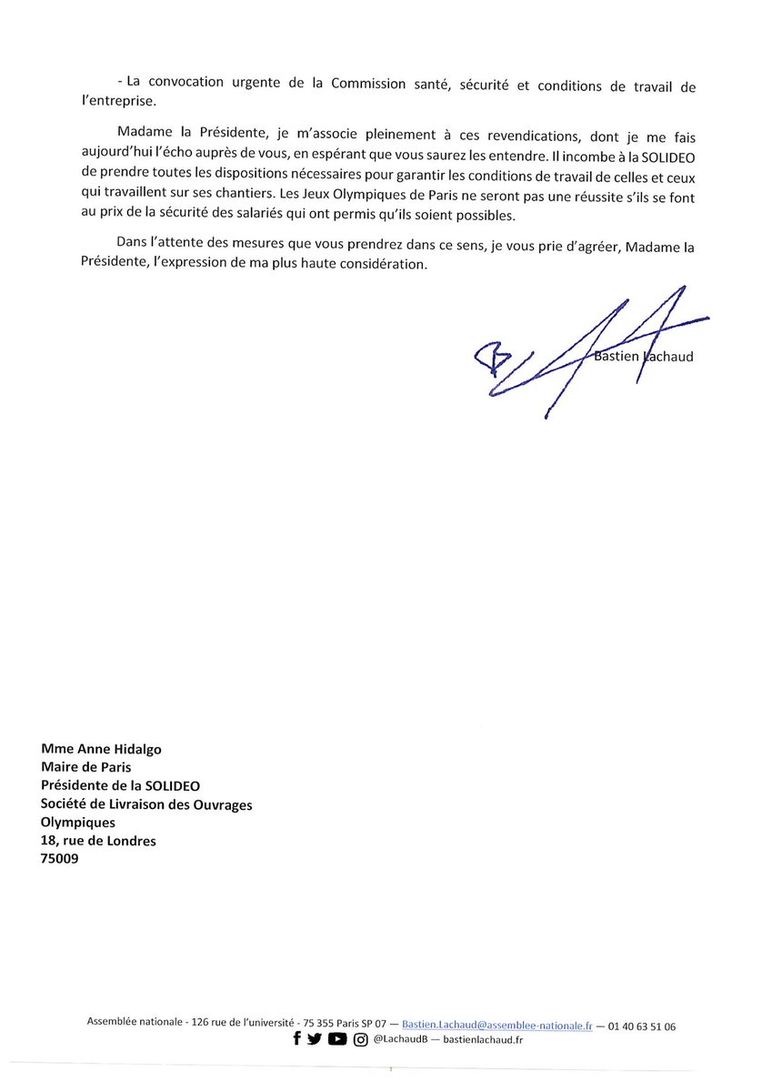 Le 24 janvier dernier, un nouvel accident grave survenait sur le chantier du village olympique de Saint-Denis. Les syndicats demandent la transparence et des mesures pour prévenir les drames. J'écris à la <a href="/SOLIDEO_JOP/">SOLIDEO</a> : pas de #JO2024 au prix de la sécurité des salariés du BTP !