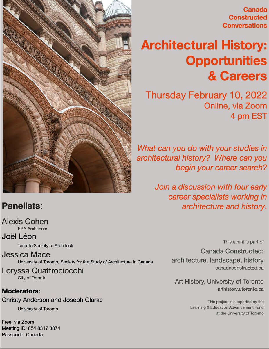 Join CAHP members Alexis Cohen &amp; Loryssa Quattrociocchi, along with Joël Léon &amp; Jessica Mace for  
<a href="/canconstructed/">Canada Constructed</a>
's 'Architectural History: Opportunities &amp; Careers,' discussion with early career specialists working in #architecture and #history! 
Free via Zoom, Feb 10th at 4pm