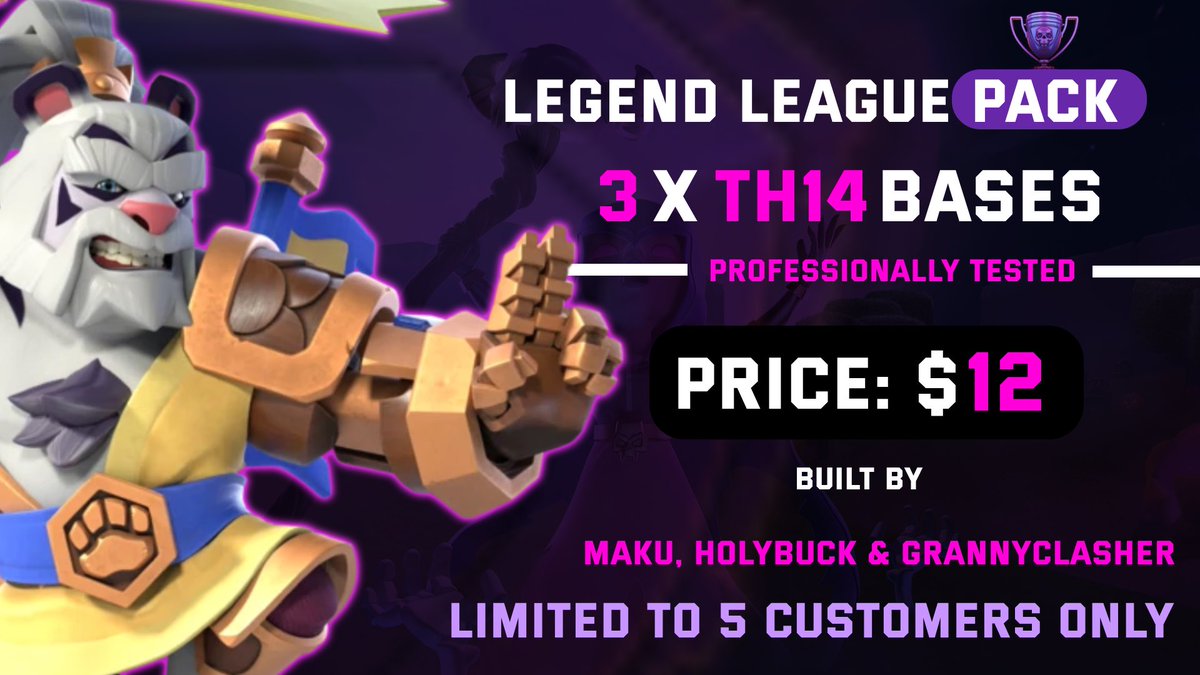 💜Legend League Pack is now available for pre-order!💜

✅ Instant delivery when the pack is done

Limited to 5 customers only 

#ClashOfClans 

discord.gg/4m2Qw35VpJ
