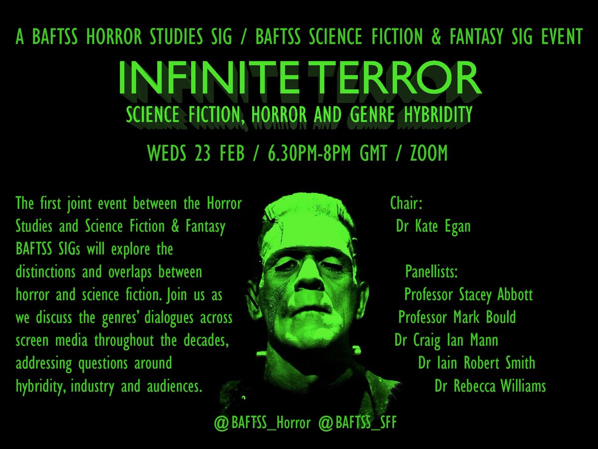 Our next event, co-org w/ <a href="/BAFTSS_SFF/">Science Fiction & Fantasy BAFTSS SIG</a> considers the genre connections, distinctions and overlaps between horror and science fiction! Weds 23/02, 6.30pm GMT, Register for free: forms.office.com/r/AqfQnuxWwu
<a href="/augustaquarius/">Rebecca</a>