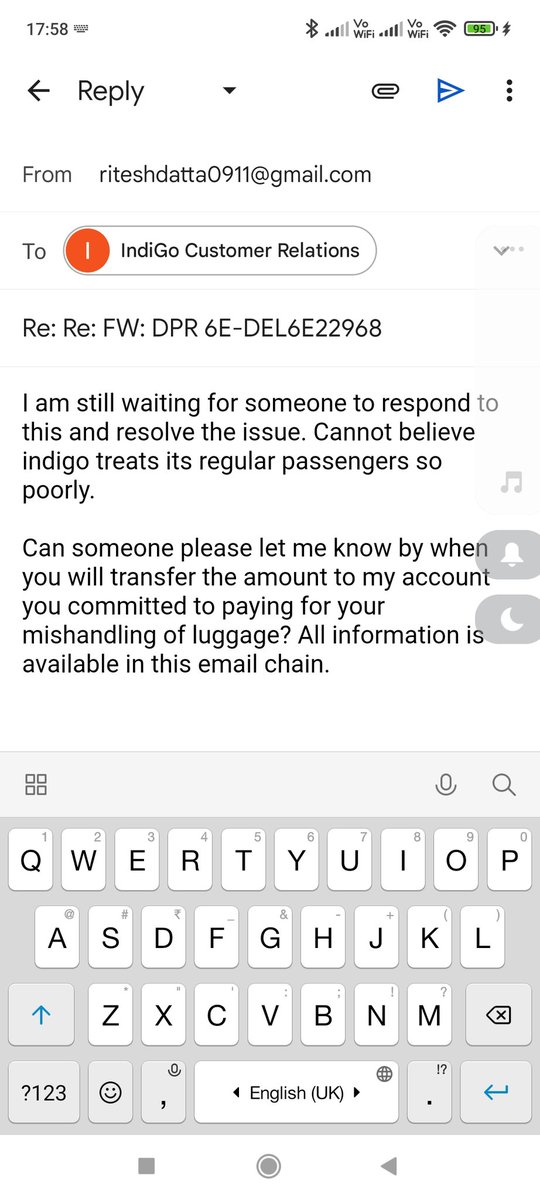 Bag mishandling happened over two consecutive flights in early Nov. After much fighting with airport crew and customer service, #Indigo agreed to pay up late Nov and took my account details. Amt yet to be dispersed after numerous emails.. Well done <a href="/IndiGo6E/">IndiGo</a>