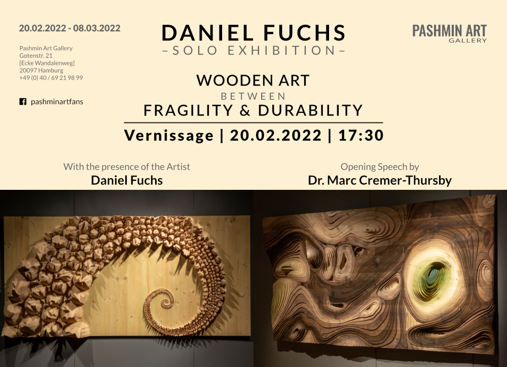 PashminArt's tweet photo. So happy to announce our upcoming exhibition with Daniel Fuchs in the Pashmin Art Gallery Hamburg to you! Meet our outstanding artist at the opening event on 20th february at 5.30 pm. https://t.co/1aSFtxV4rk #openingevent #exhibitionhamburg #woodart #danielfuchs #arthamburg https://t.co/Wc957yxILd