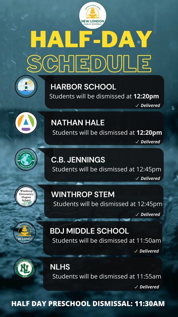 New London Public Schools will be operating on a half day schedule today, please see student dismissal times!