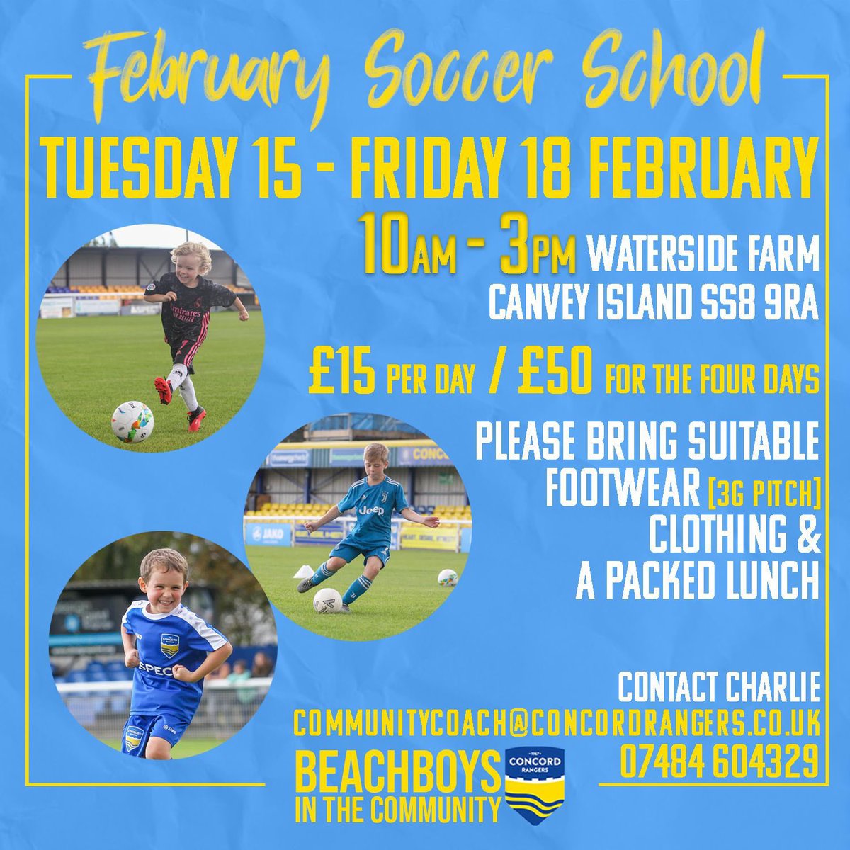 ConcordRangers's tweet photo. SOCCER SCHOOL ⚽️ 

Our hugely popular Soccer School is back this February half term. 

To book your child’s place email or text Charlie: community@concordrangers.co.uk or 07484604329

#YAMC 💛💙 https://t.co/PeLDJIG5G6