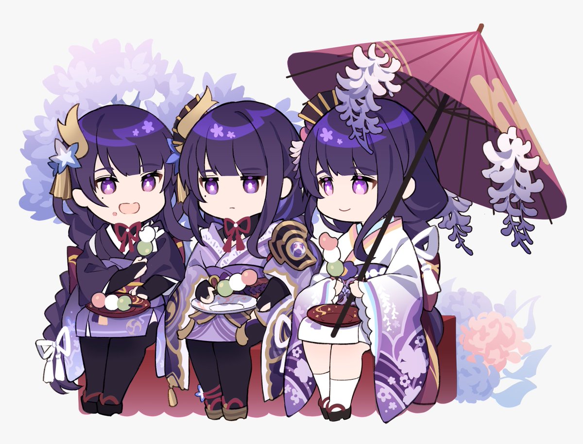 raiden shogun multiple girls japanese clothes food umbrella 3girls dango kimono  illustration images