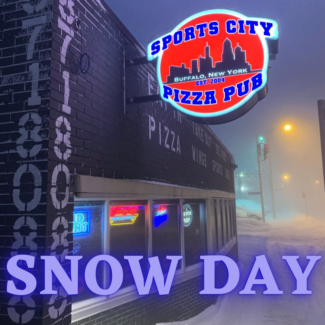 SportsCityBflo's tweet photo. SNOWDAY in Western New York means we know what we have to do… shovel the walkway and open up early! We’ll be open by 12 noon (if not earlier) to day drink and kick off the weekend! 
#sportscitypizzapub #buffalosULTIMATEsportsbar #pizza #wings #sports #beer #beertogo #billsmafia https://t.co/yhhI7dCn3K