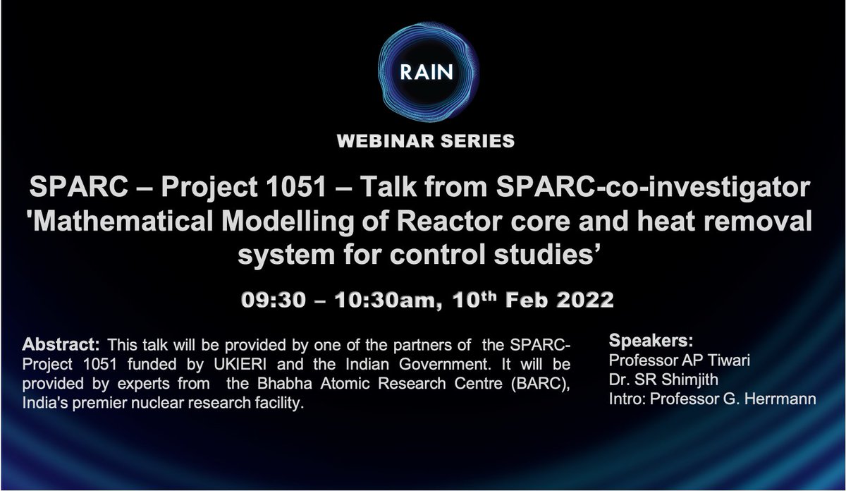 🚨Reminder the RAIN webinar series will continue tomorrow from 09:30 am 🚨 Joining details: zoom.us/j/3476550645 #Robotics #nuclear #mathematical #modelling #reactor #core #webinar