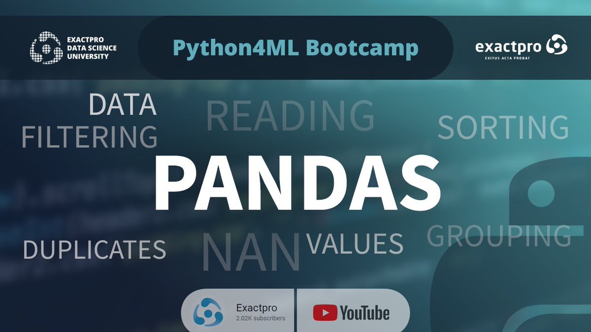 exactpro's tweet photo. Session 5 of the Python4ML Bootcamp video series talks about #Pandas, a #DataAnalysis library for working with numerical tables and time series https://t.co/K0IY5EecY9
#exactpro #DataScience #ExactproDataScienceUniversity #IT #ML #SoftwareDevelopment #SoftwareTesting #Python https://t.co/PEquvSDBsa