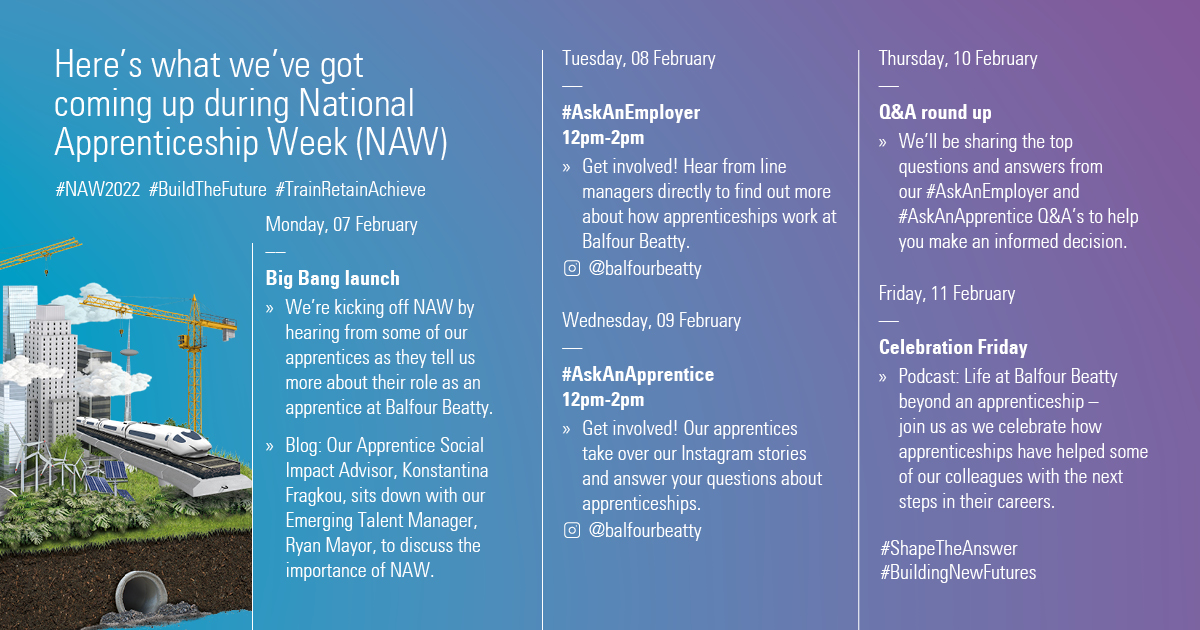 Are you considering an apprenticeship? This year, we’ve increased our apprentice intake! Join us during National Apprenticeship Week to hear from our current and past apprentices about their careers so far. 

#NAW2022 #BuildTheFuture #ShapeTheAnswer #BuildingNewFutures