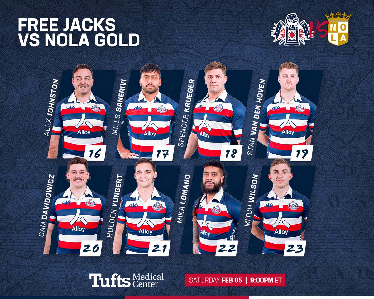 🐎//🔒 Our first Free Jacks lineup of 
#MLR2022 👊

Presenting your Free Jacks to take on <a href="/nolagoldrugby/">NOLA Gold Rugby</a> in the opening weekend of <a href="/usmlr/">Major League Rugby</a> 

📍 Gold Mine on Airline
📺 Live in <a href="/FOXSports/">FOX Sports</a> 2 at 9:00 PM ET
🍻 Watch party at Paddy O’s Boston

#SaddleUp #LetsRide