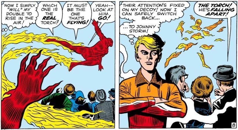 Cronicas_Marvel's tweet photo. Para regresar sin que se note, Johnny crea un duplicado de sí mismo para que se emboben mirándolo.

Hay que admitir que aquí la versatilidad de sus poderes parece infinita. Hablamos ya de cosas como piroquinesis. Lástima que a posteriori no conserve estos trucos #ST101 https://t.co/CFvO4QM4kH