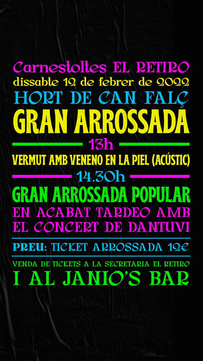 🥘GRAN ARROSSADA🥘
Ja podeu comprar el vostre ticket per 12€ al <a href="/JaniosBar/">Jordi Martí</a> o @ElRetiroSitges i venir el dissabte dia 12 a l'Hort de Can Falç per treure-li la pols al vostre esperit carnavaler!🥸👹🤡