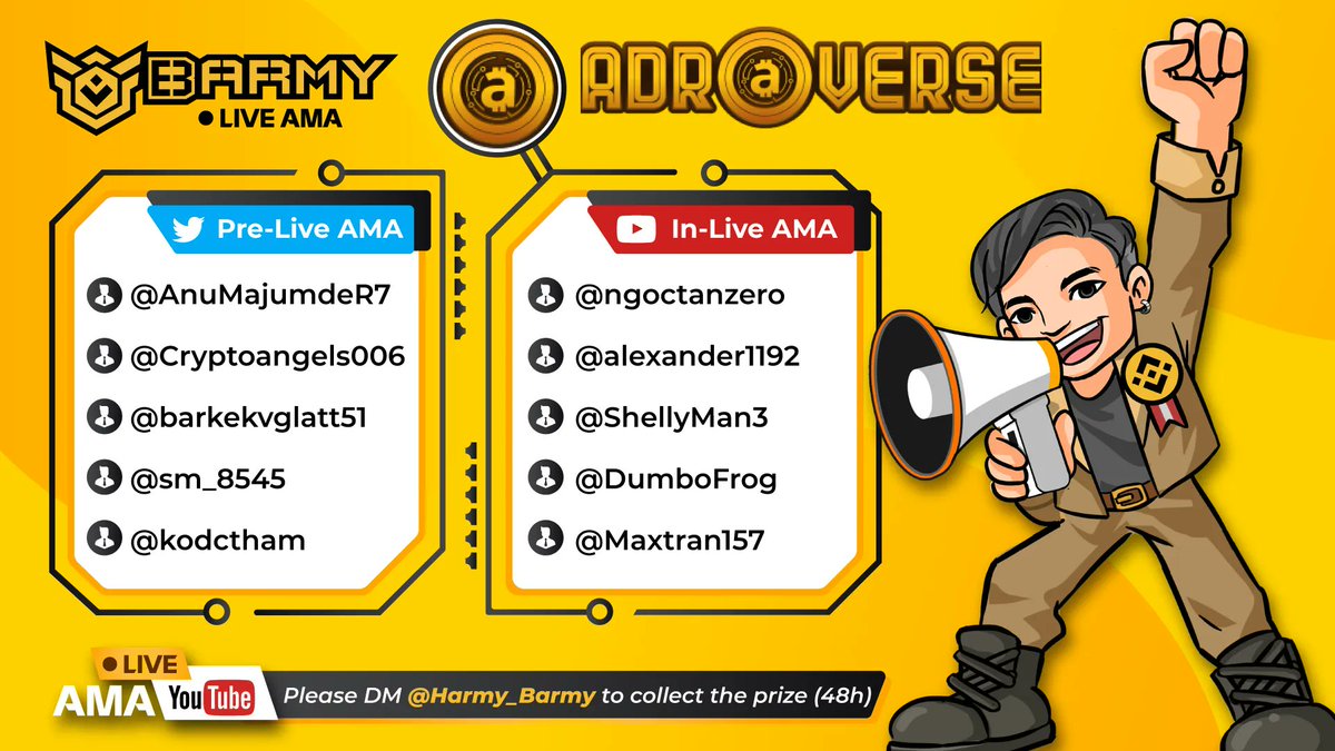 BARMYGROUP's tweet photo. #Barmy x @adroverse winner announcement

Congrats to our 10 #Giveaway winners 🎉

💰100USDT for 5 in-AMA winners (Youtube)  
💰100USDT for 5 pre-AMA winners (Twitter) 

Check out the winners in the picture!👀

DM @Harmy_Barmy in 48 hours to get your prize! 🎁 https://t.co/kgaorMRnOR