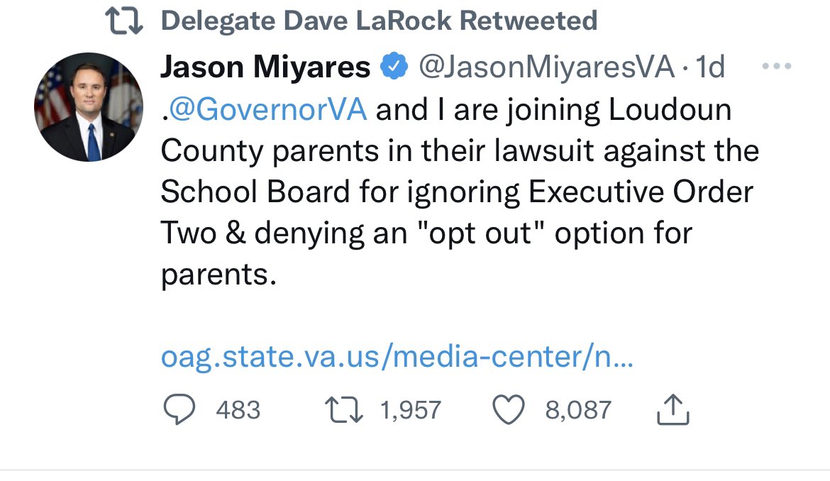 Old Dave has been pretty quite recently but he did retweet this lie recently.   Youngkin’s EO requires nothing of school boards.   Of course #LaRockLies as does Youngkin and Miyares.