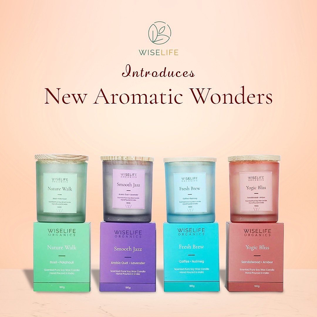 WiselifeIndia's tweet photo. The wait is over now!!!
@WiselifeIndia brings you heart-melting new aromas : A scent for every personality 😍

~Smooth Jazz • Nature Walk • Fresh Brew • Yogic Bliss ~
Choose yours now!
.
.
.
#WiseLife #wiselifeorganics #scentedcandles #scentedcandlesindia #candlelover https://t.co/9YjhnEBA3C