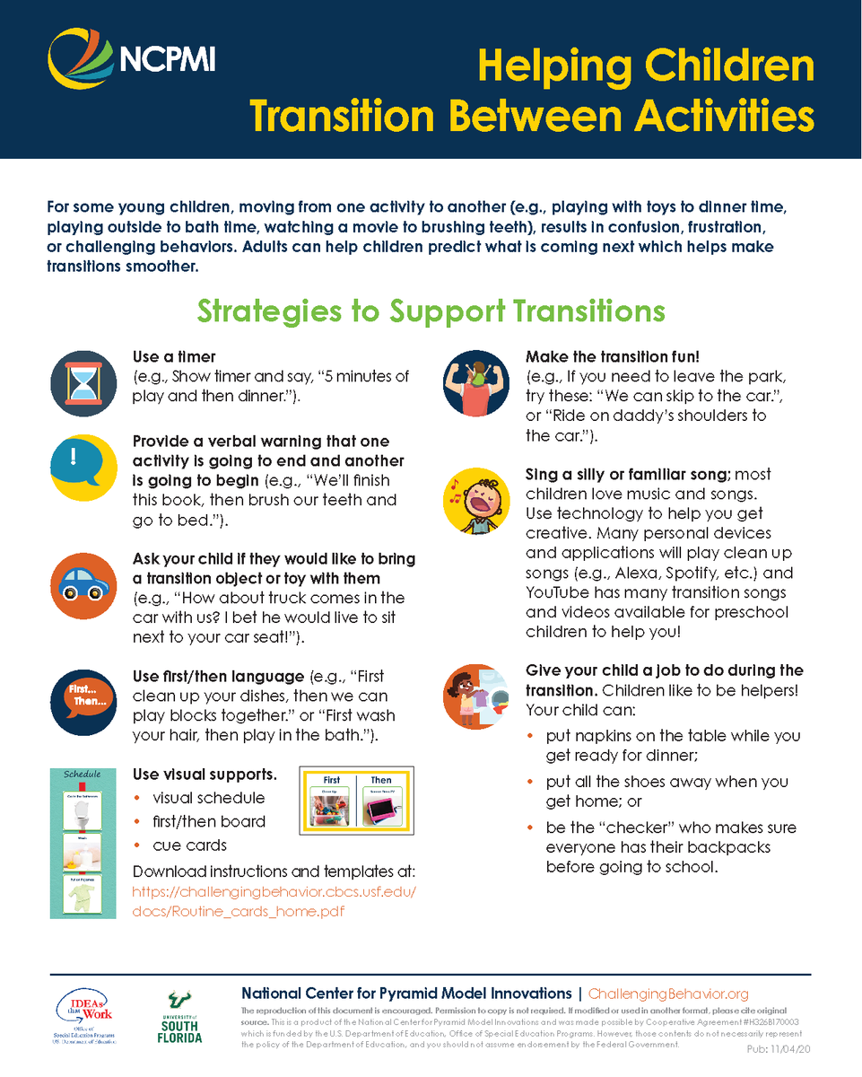This tip sheet provides families with strategies to help children predict what is coming next which helps make transitions smoother.
bit.ly/3L5RGe1

#PyramidModel #ECFamResources
