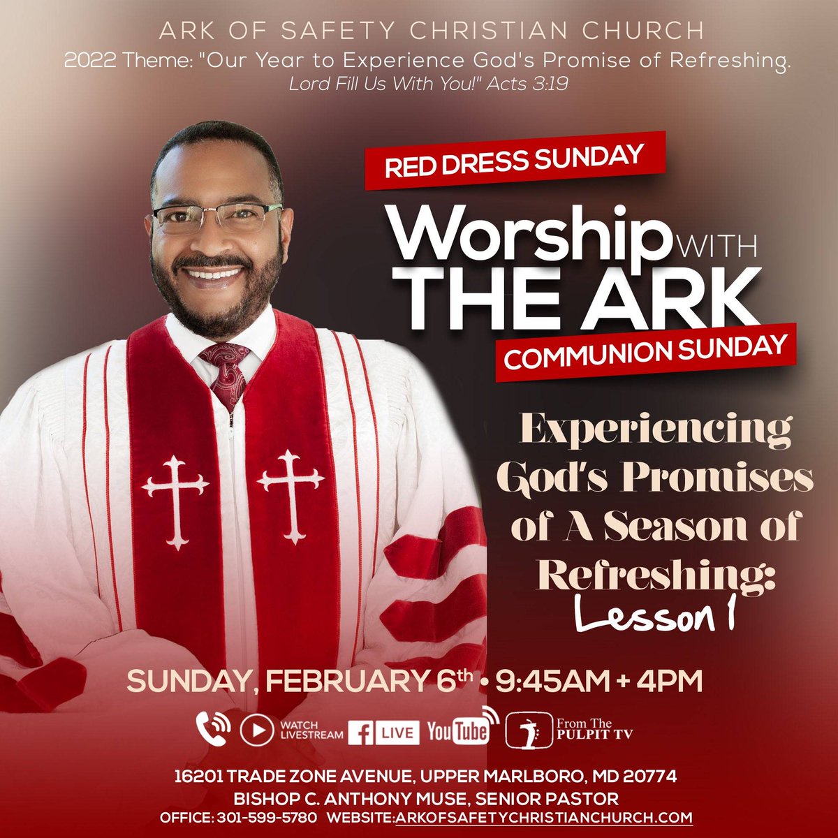 AOSCC's tweet photo. This year is our year to experience God's promise of refreshing. Join the Ark of Safety this Sunday as we celebrate Red Dress Sunday and Communion! You can worship with us online at 9:45 AM &amp; 4 PM. #AOSCC #WorshipWithTheArk

https://t.co/sMjv7wED7T https://t.co/fJkB8aErSR