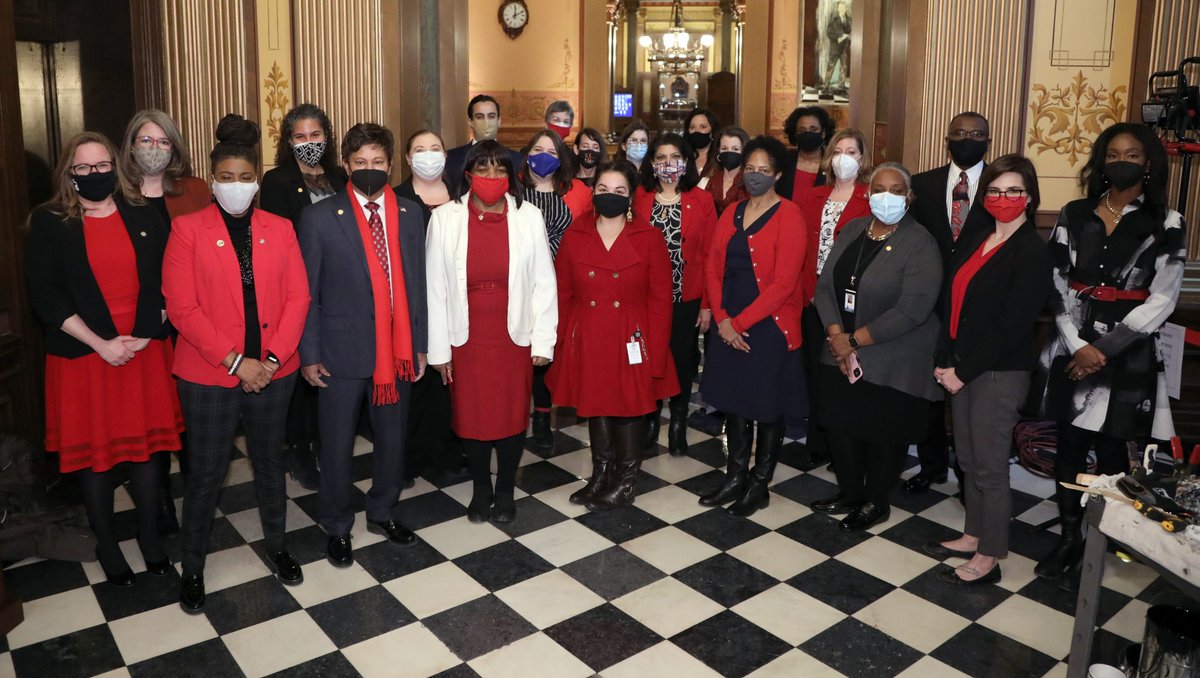 MIHouseDems's tweet photo. The first Friday in February is National Wear Red Day for Women's Heart Health. On this day during American Heart Month, we wear the color red to raise and spread awareness in hopes of eradicating heart disease and stroke in millions of women across the USA. #GoRedMI https://t.co/2tcpwYRx5a