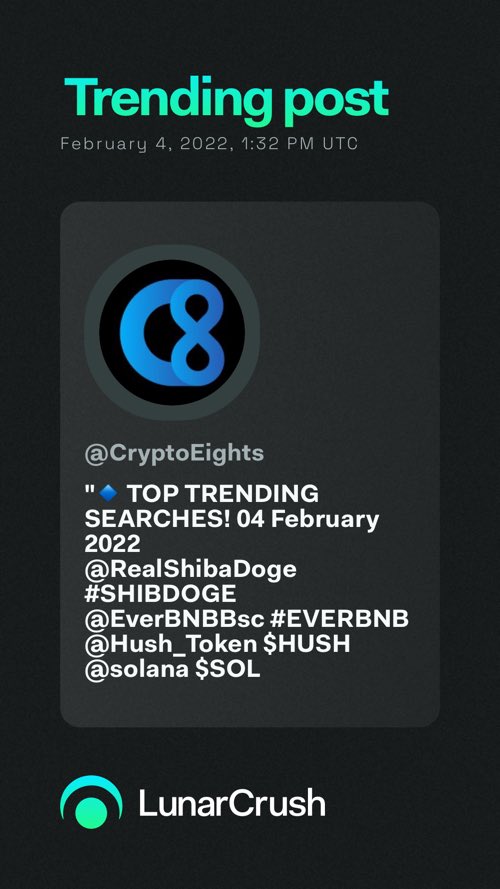 mphillip49's tweet photo. Trending on #LunarCrush:
"🔹 TOP TRENDING SEARCHES! 04 February 2022
@RealShibaDoge #SHIBDOGE
@EverBNBBsc #EVERBNB
@Hush_Token $HUSH
@solana $SOL
@bitgertbrise $BRISE
@SHINTAMA..." via @CryptoEights
Top coin mentions
$stmx $axs
https://t.co/MEbEN9hvQ0 https://t.co/A9rXPoxMj5