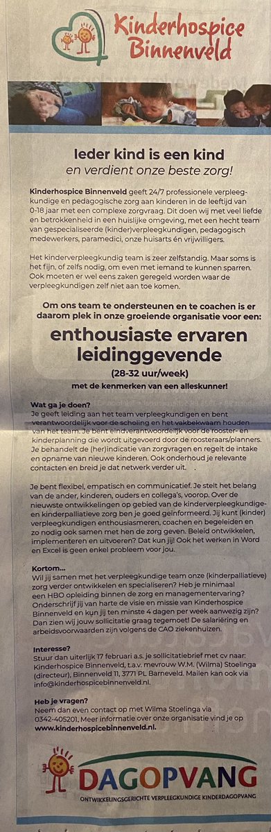 kinderhospice's tweet photo. In de krant!👍🏼 ⁦⁦@kinderhospice⁩ heeft een leuke boeiende functie voor een enthousiaste leidinggevende!😊retweet svp! https://t.co/tjwnOyEMGL