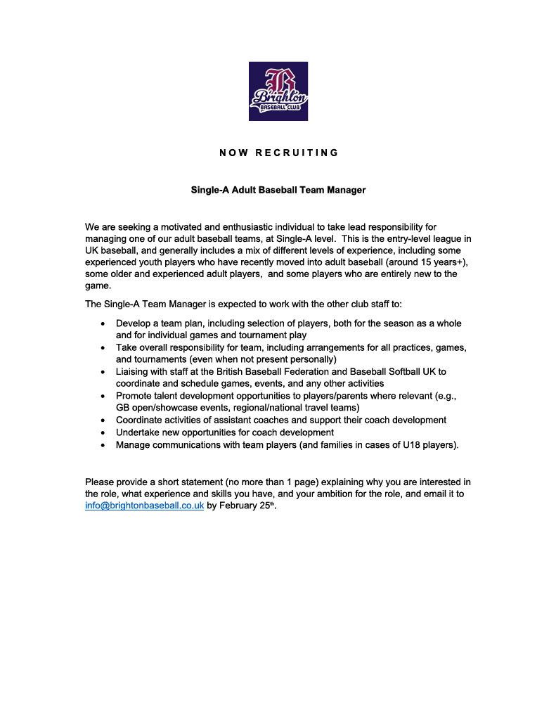 We are recruiting!!

We are looking for 2 volunteers to join our amazing club. 

Interested? Then please send us a short statement explaining why you are interested in the role to info@brightonbaseball.co.uk by February 25th.

#brightonbaseball #baseballuk #sport #volunteer