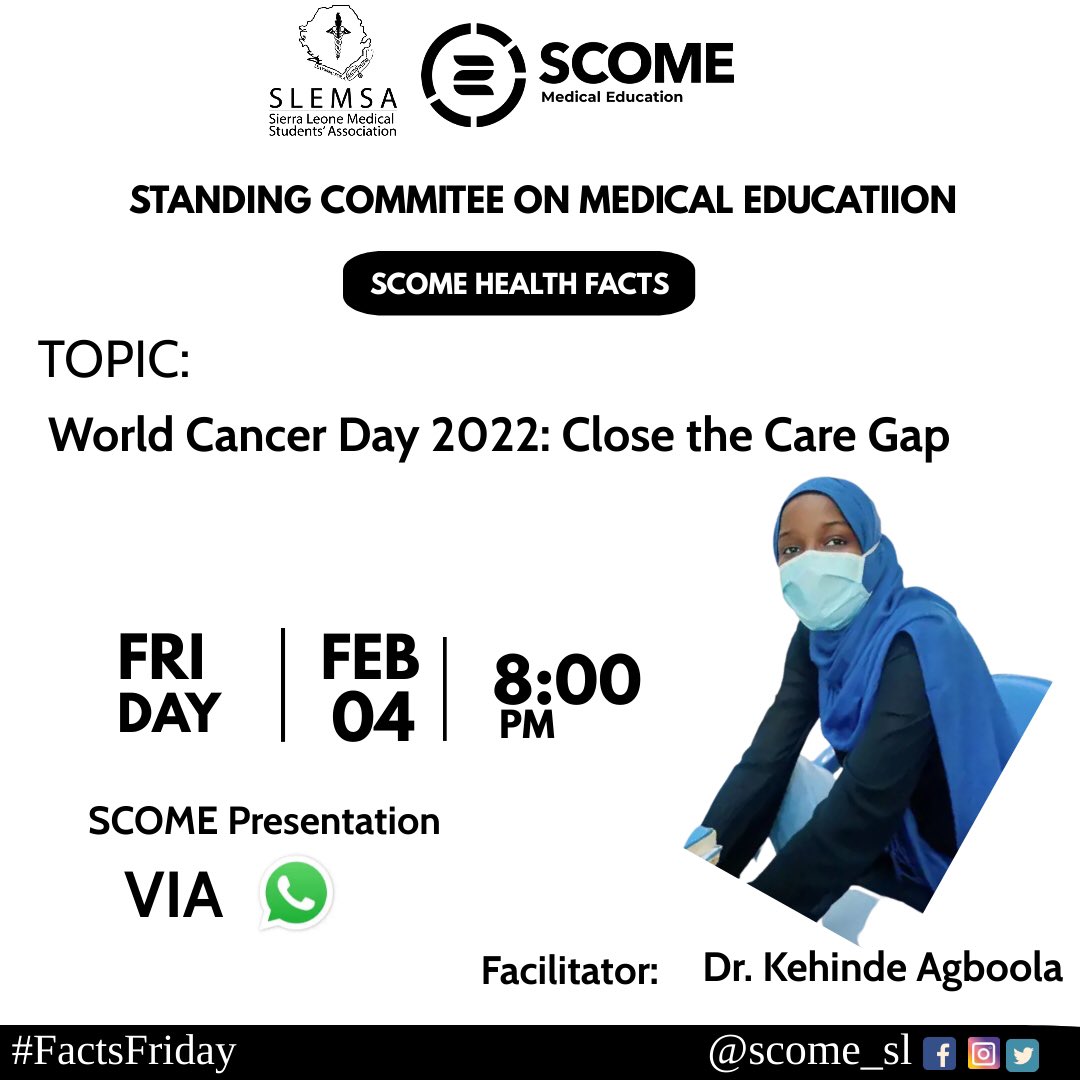 scome_slemsa's tweet image. (1/2) This #WorldCancerDay2022, we know we can and must do better to #CloseTheCareGap and to #endcancerasweknowit everywhere, such that cancer is viewed as a true global health priority. To learn about the gap in cancer care, Join us on @scome_slemsa WhatsApp Page.