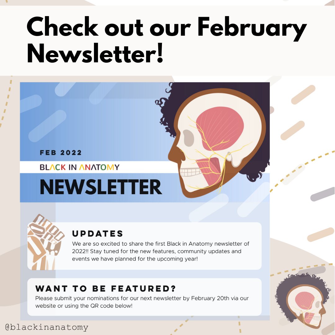 Happy Black History Month! Our February 2022 newsletter is out! blackinanatomy.com/feb-2022-newsl… It includes updates, a journal feature of Dr. Adejoke Memudu (@Lizzydrealme) & articles for your reading list. Look for weekly #BlackinAnat features this #BlackHistoryMonth