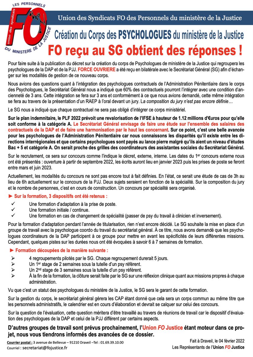 Création du corps des psychologues du ministère de la Justice : FO reçu au SG obtient des réponses !