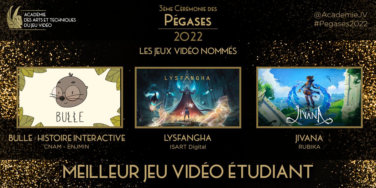 AcademieJV's tweet photo. Aujourd'hui, l'Académie présente les nommés pour le prix du Meilleur Jeu Vidéo Étudiant des #Pegases2022 ! ✨
Bulle - Histoire interactive de l'école @Cnam_Enjmin, LYSFANGHA de l'école @isartdigital et JIVANA de l'école @RubikaEducation 🎉 https://t.co/pM7G8Hj6kR
