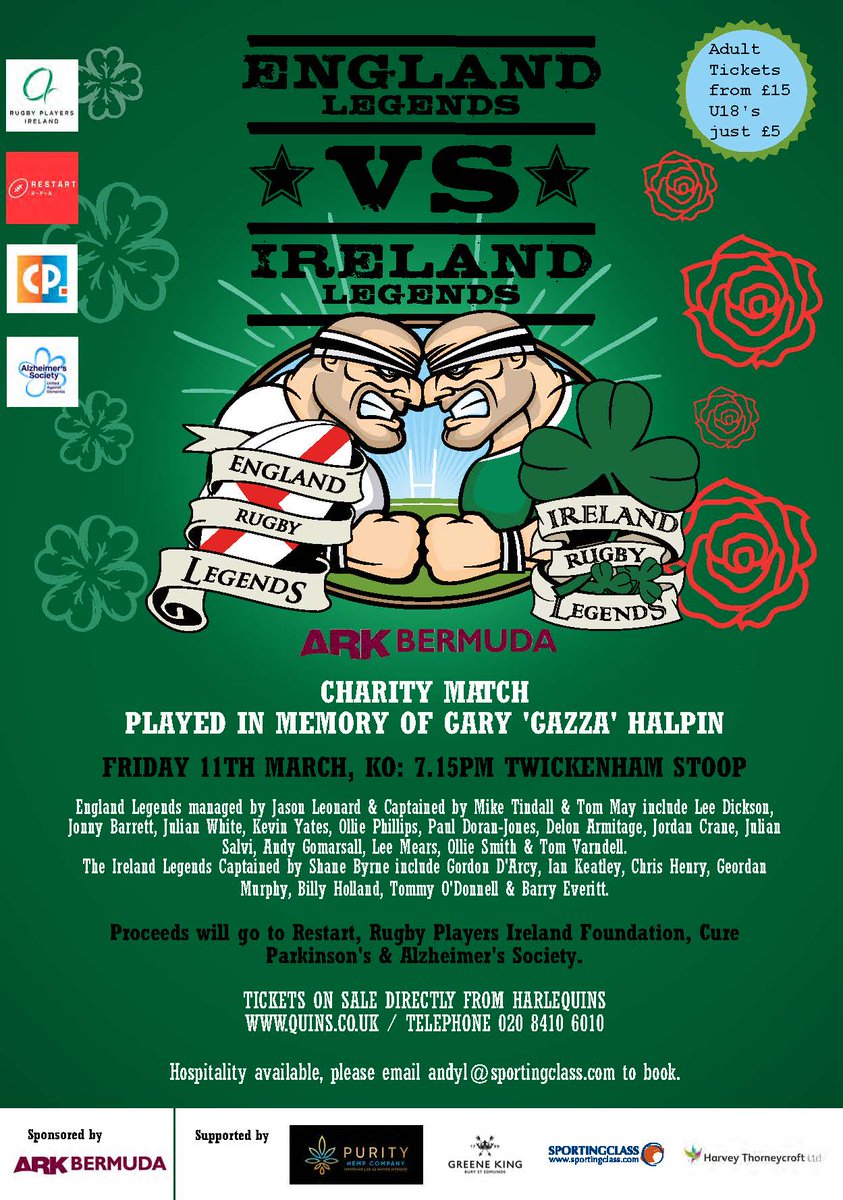 Thank you to main sponsor ARK Bermuda also @purity_hemp @greeneking @Sportingclass @HThorneycroft Proceeds to @RestartRugby @RugbyPlayersIRE @alzheimerssoc @CureParkinsonsT PLEASE come & WATCH us PLAY @RugbyLegendsIRE We all NEED your SUPPORT! Tickets: bit.ly/3rpXqas