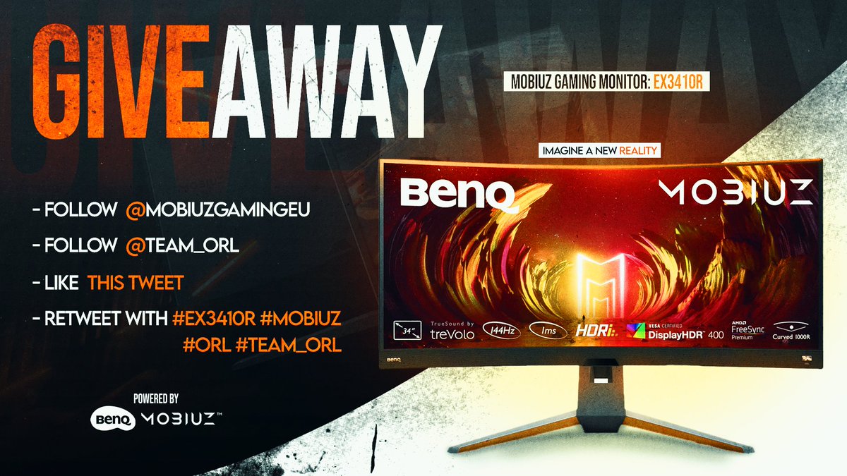 🎁 #GIVEAWAY 🎁

Imagine a New Reality with BenQ MOBIUZ!

Thanks to <a href="/MOBIUZGamingEU/">BenQ MOBIUZ Gaming Europe 🇪🇺</a>, we're giving away the latest BenQ Mobiuz EX3410R 144Hz Gaming Monitor

To enter:
✅ Follow <a href="/MOBIUZGamingEU/">BenQ MOBIUZ Gaming Europe 🇪🇺</a> and <a href="/team_orl/">Team_ORL</a>
💞 Like + Re-tweet this post with the hashtags: #EX3410R #MOBIUZ #TEAM_ORL