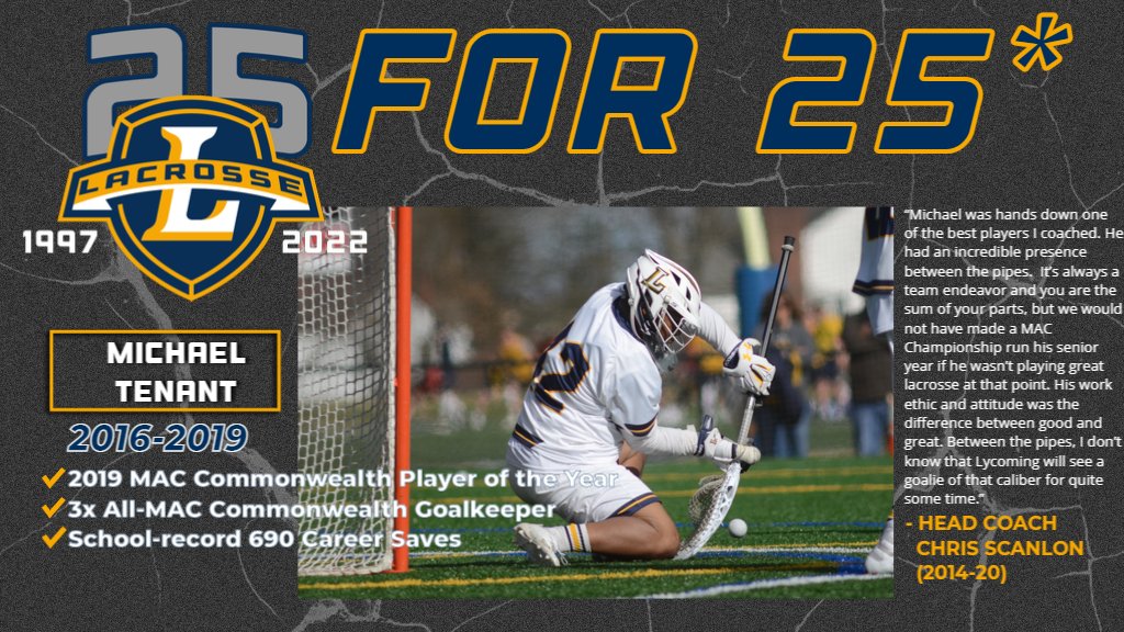 lycoathletics (@lycoathletics) on Twitter photo We asked former and current <a href="/lycominglax/">Lycoming Lacrosse</a> coaches to pick out players to spotlight from their time on campus to celebrate the program's 25th anniversary - today Chris Scanlon shines the light on Michael Tenant. #d3lax #MAClax We asked former and current <a href="/lycominglax/">Lycoming Lacrosse</a> coaches to pick out players to spotlight from their time on campus to celebrate the program's 25th anniversary - today Chris Scanlon shines the light on Michael Tenant. #d3lax #MAClax