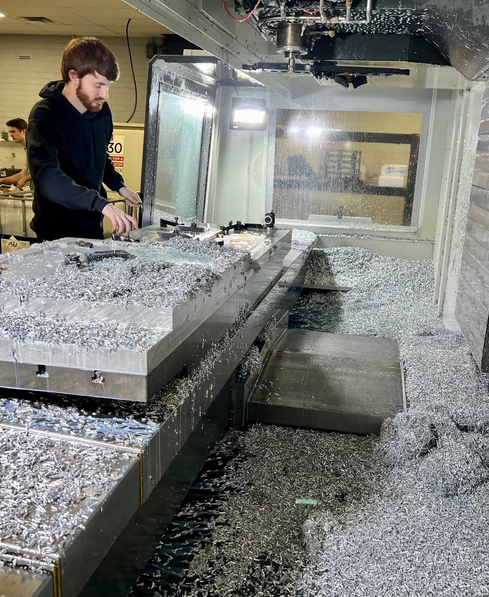 Our VF-7 3-axis milling CNC machine with 84" of travel and high speed machining technology will make a lot of chips in a hurry. #cnc #haascnc #machining #aerospace #chambleega #chamblee #machinist #gibbscam