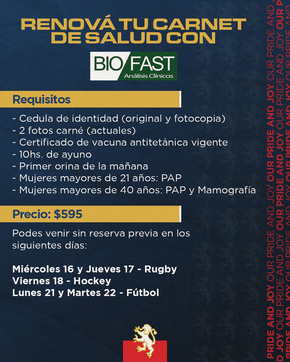 OBCyOGC's tweet photo. ¡No te olvides de renovar tu carnet de salud!
Con #Biofast podés hacerlo en @OBCyOGC
16 y 17 de Febrero- Rugby
18 de Febrero- Hockey
21 y 22 de Febrero- Fútbol
👉De 8:00 a 12:00 hs
*Para quienes no participan en ninguna de estas tres disciplinas, pueden asistir del 16/2 al 21/2 https://t.co/89EM3iaJkt