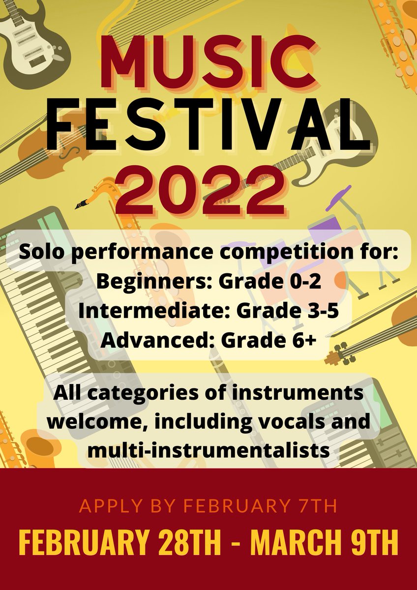 TBSHS Music Festival 28th Feb - 9 March 2022
Applications closing soon.

Complete the online form this weekend to ensure you're in the competition!