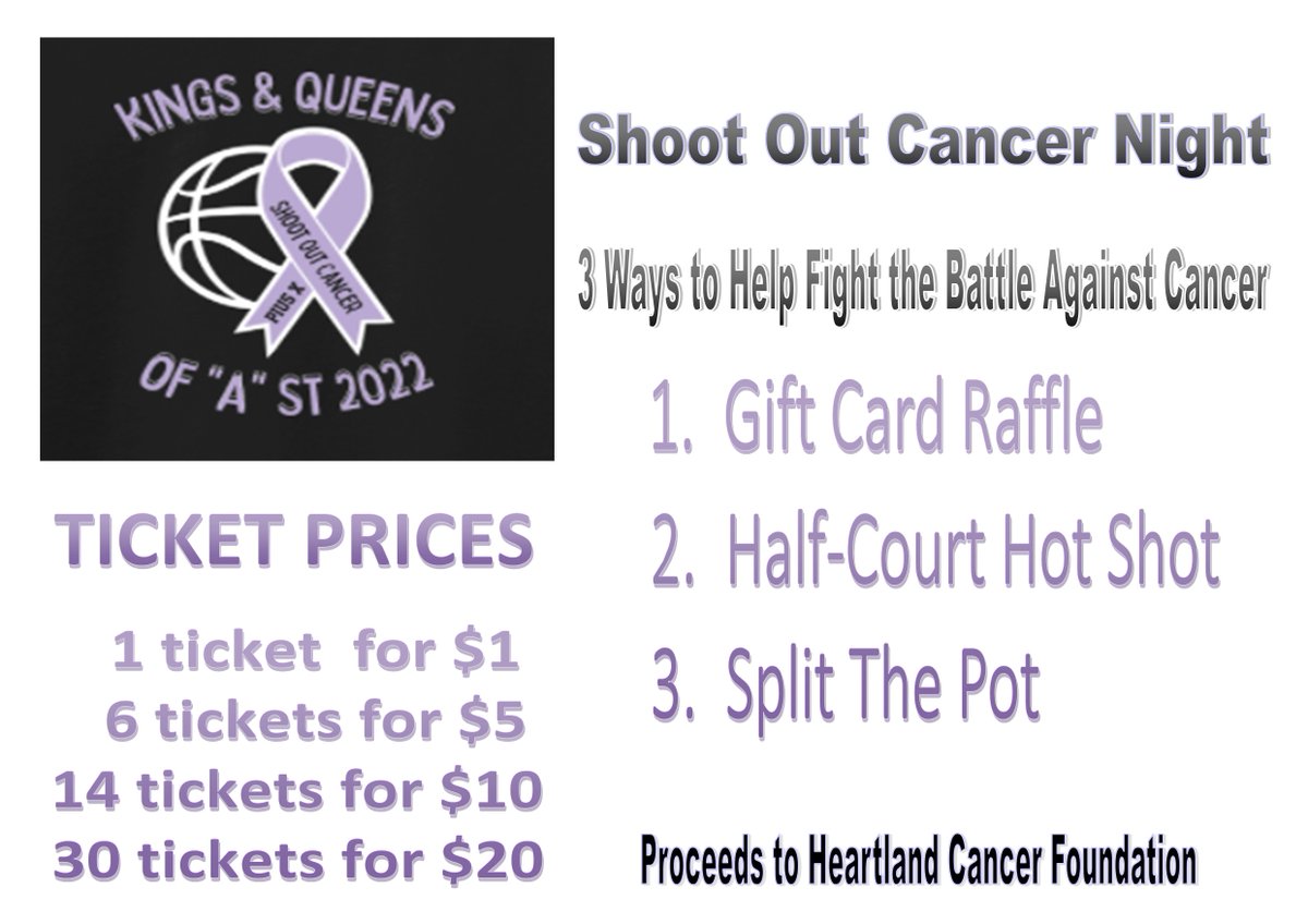 Come Support Pius X Boys and Girls Basketball Programs Tonight Shoot Out Cancer. Proceeds donated to Heartland Cancer Foundation! 

Kings &amp; Queens of A Street Game Time
East High School at Pius X

5:45pm JV Boys &amp; Varsity Girls
7:30pm JV Girls &amp; Varsity Boys
